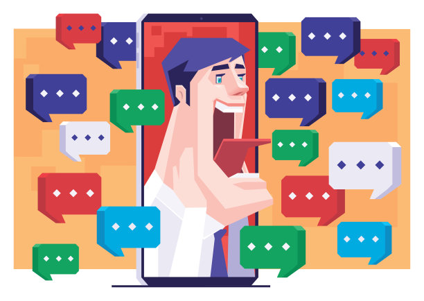 商人尖叫，智能手机周围有很多语音气泡图片下载