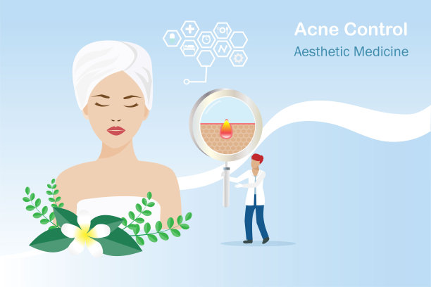 粉刺控制，面部皮肤美容问题，美容手术及治疗理念。医生拿放大镜检查女性脸上的痤疮和皮肤健康。图片下载