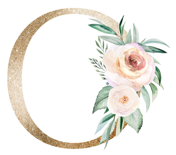 淡金色字母O与水彩玫瑰和叶子。粉彩花卉字母表图片下载