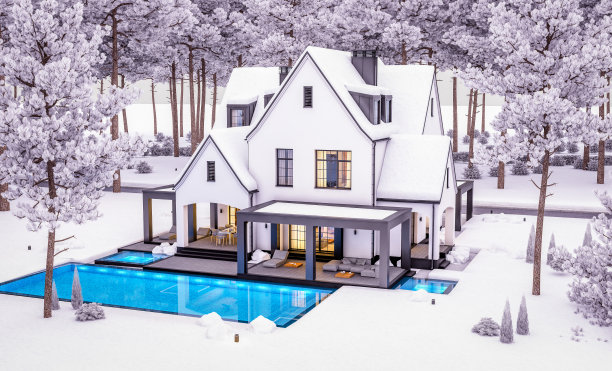 冬季傍晚的黑白现代都铎式房屋3d渲染图图片下载