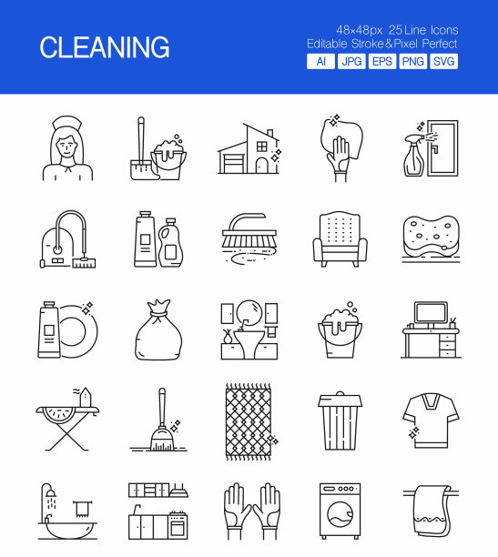 清洗细线矢量图标集。设计是可编辑的，颜色可以改变。矢量集创意图标:清洁工，桶，擦拭，清洁用品，洗涤，橡胶手套图片下载