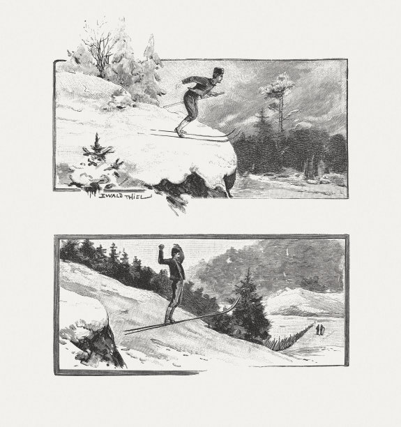 过去的跳台滑雪，木刻，出版于1895年图片下载