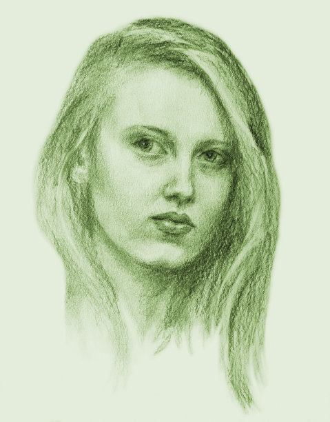 插图铅笔画在浅色背景上的长头发女人的绿色肖像图片下载