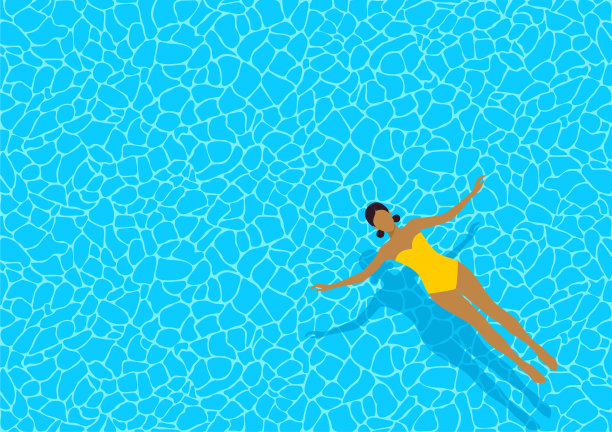 一名身穿黄色泳装的女子轻松地仰面漂浮在泳池里图片下载
