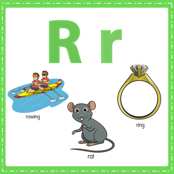 向量插图学习字母R的小写和大写的儿童与3卡通图像。划船鼠戒指。图片下载