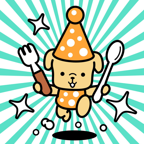 戴着派对帽，拿着勺子和叉子奔向镜头的可爱小狗图片下载