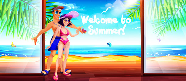 以卡通风格的海滩度假概念。一对年轻的男女游客在海边的一间平房里，背景是夏日阳光明媚的热带风景。图片下载