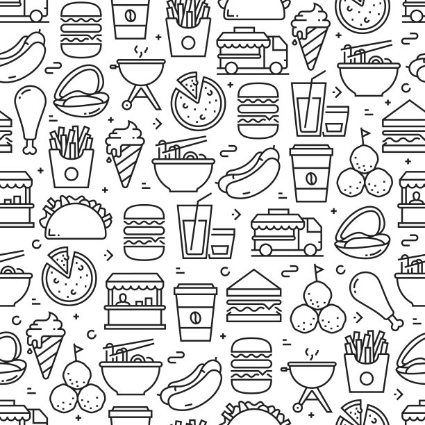 街头食品无缝模式和背景与线图标图片下载