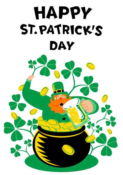 一个神秘的小妖精从一罐金子里冒出来，喝着啤酒，并祝“圣帕特里克节快乐”图片下载