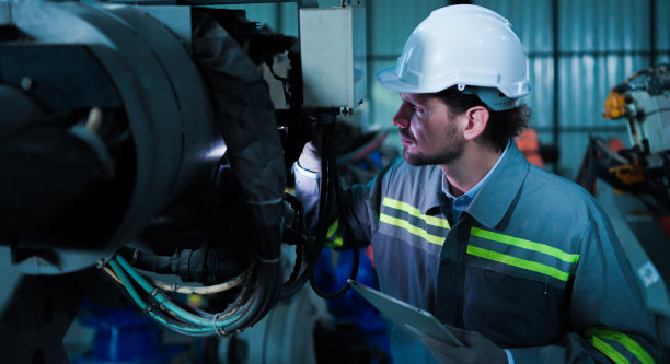 专业工业工程师、技术人员、工厂工人戴安全帽。在建立、控制机械重工业工厂的同时。在制造工厂工作的员工图片下载