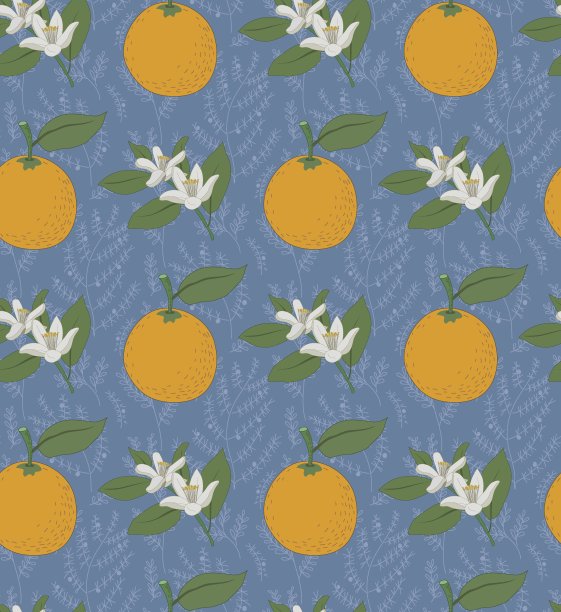 在蓝灰色的草药纹理背景上，橙色水果和花朵的无缝图案图片下载