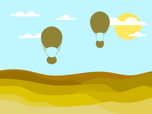 热气球以极简主义的风格飞越沙漠起伏的风景。有太阳的云彩和飞行的热气球的剪影。设计印刷品，横幅和海报。矢量图图片下载