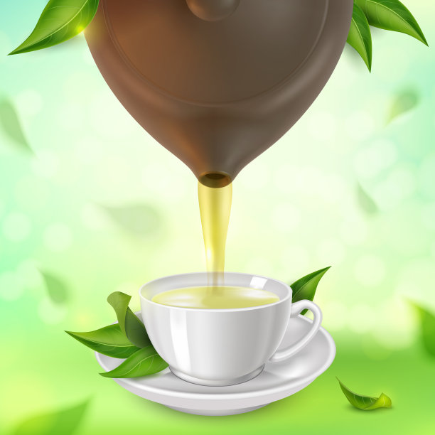 逼真详细的3d绿茶新鲜散叶纯口味概念背景与茶壶倒茶到杯子。向量图片下载