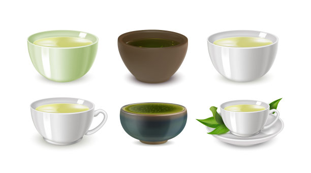 逼真的详细3d不同类型的茶杯集。向量图片下载