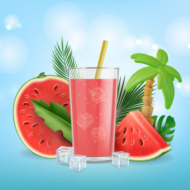 现实详细的3d西瓜鲜榨果汁概念背景。向量图片下载