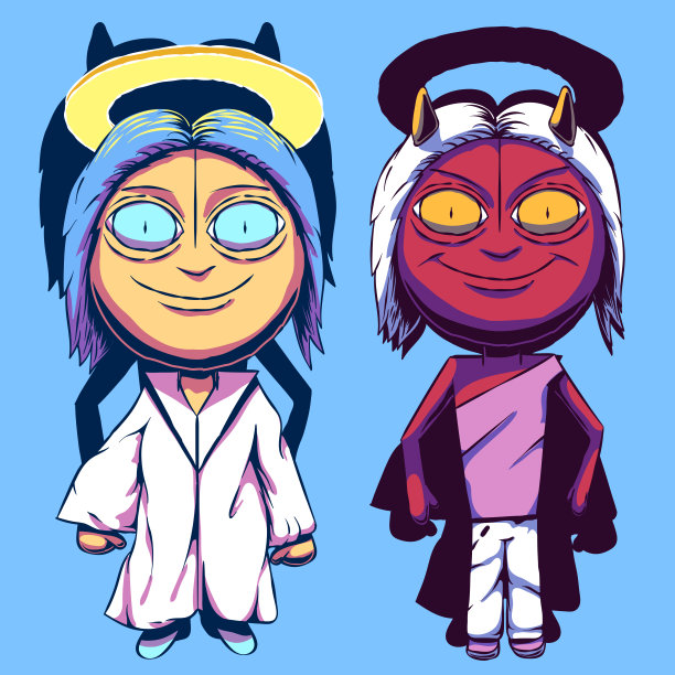 有趣的卡通插图-天使和恶魔。善恶观念。图片下载