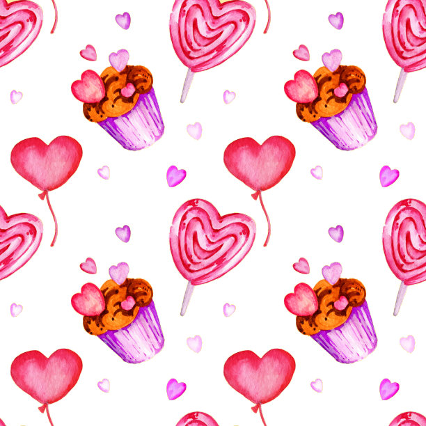 无缝水彩图案与心，糖果和纸杯蛋糕的情人节主题，手绘插图，粉红色和淡紫色的白色背景。用于婚礼、面料、情人节、母亲节图片下载