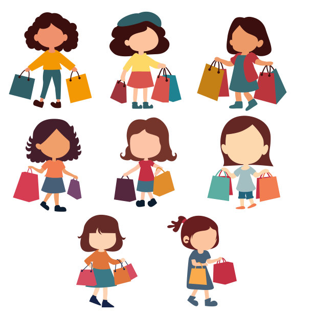 可爱的女孩购物与购物袋插图图标图片下载