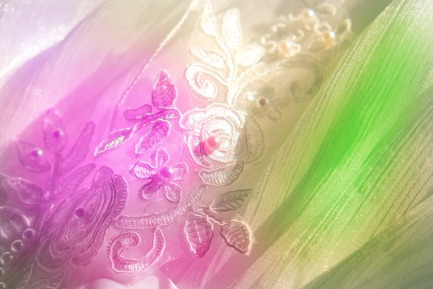 蕾丝花图案纹理织物与珠。白粉色婚纱蕾丝和布料的特写图片下载