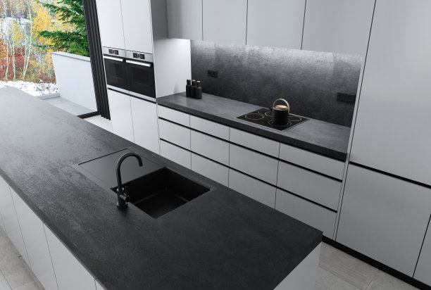 黑白内饰客厅与现代简约意大利风格开放式厨房图片下载