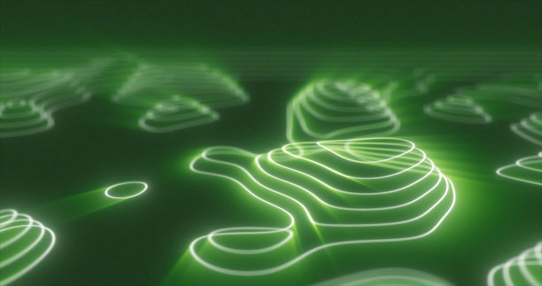 抽象的绿色未来高科技景观与山脉和峡谷从发光的能量圈和神奇的线条背景图片下载