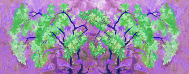 插图油画春季风景盛开的紫丁香灌木在树木和灌木在紫罗兰色调的背景图片下载