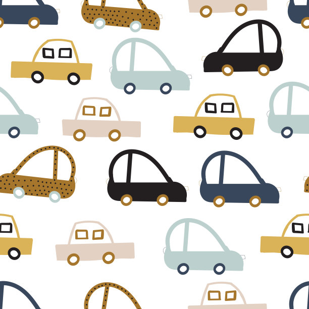 精美的婴儿般的无缝表面图案设计异想天开的手绘车。涂鸦玩具车的交通背景图片下载