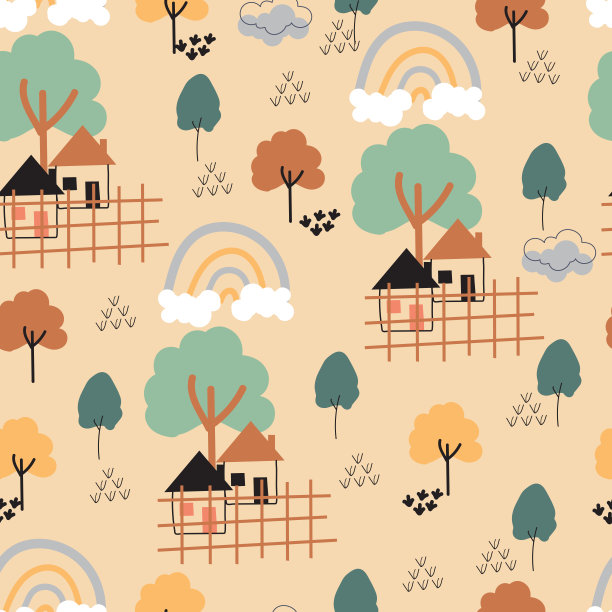 精致幼稚的无缝表面花纹设计。整个印刷异想天开的安排的房子，树木和波西米亚彩虹图片下载