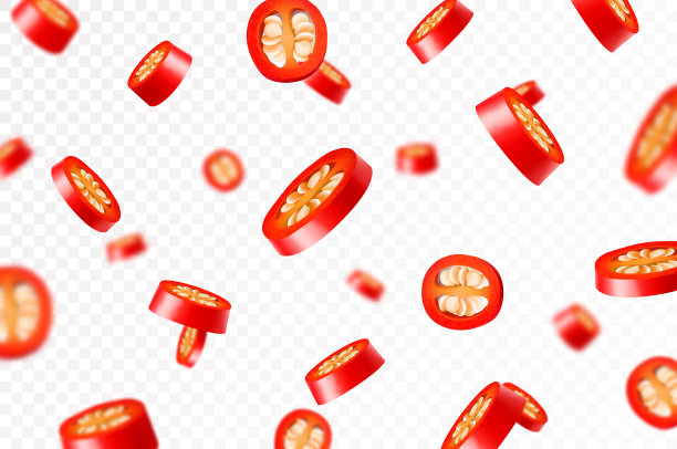 落在透明背景上的辣椒片。跳跃的辣椒片飞舞，选择性聚焦。可用于广告、包装、横幅印刷。逼真的三维矢量设计图片下载