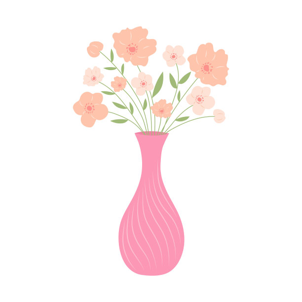 有粉红色花朵的花瓶。静物明信片。卡通平面插图。图片下载