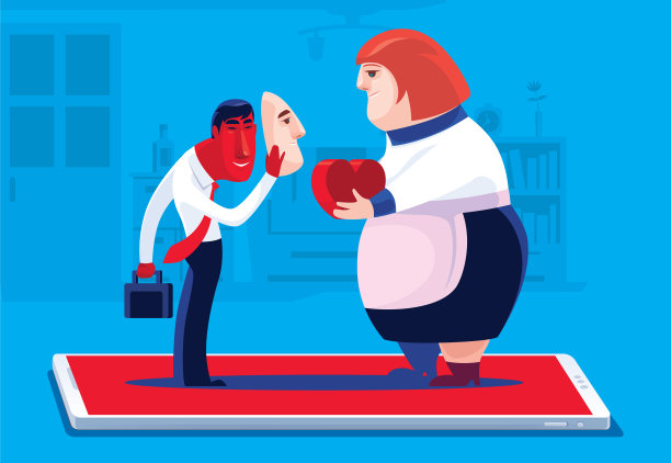 手持心形符号的家庭主妇通过智能手机与邪恶的商人见面图片下载