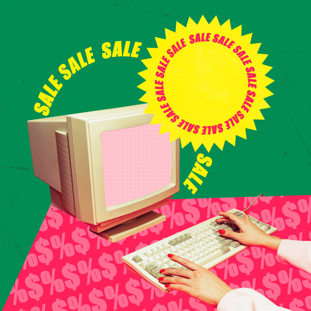 当代艺术拼贴。网上购物，设计复古风格。女性的手在电脑键盘上打字。大销售季节图片下载