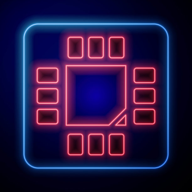 发光的霓虹灯计算机处理器微电路CPU图标隔离在蓝色背景。带有电路板的芯片或cpu。微处理器。矢量图图片下载