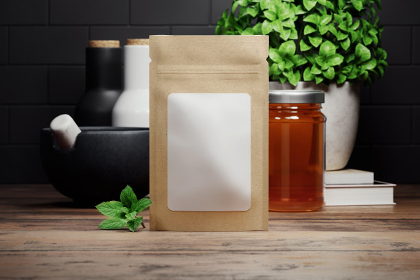 棕色纸袋与木桌贴纸的模型。三维渲染图片下载