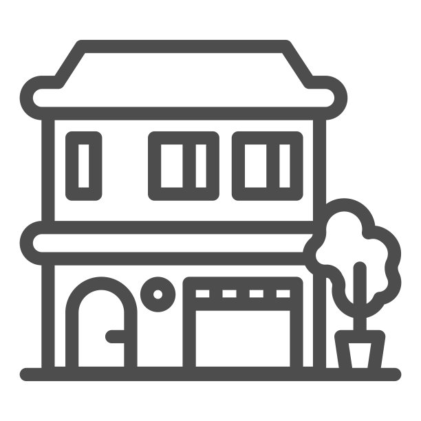 立面两层房屋和树线图标，外观设计理念，白色背景上的现代别墅标识，别墅图标以轮廓风格为移动概念。矢量图形。图片下载