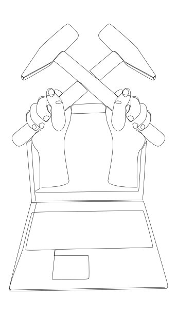 一个连续的笔记本电脑与锤子。细线插图矢量概念。轮廓画创意。图片下载