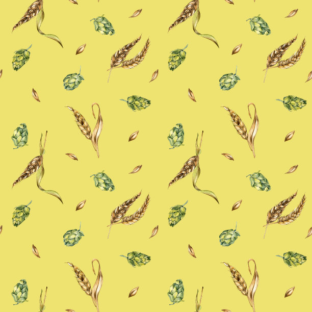 麦穗，啤酒花水彩无缝图案孤立在黄色背景。黑麦小穗，葎草植物，啤酒花球果手绘。酿造，包装，标签，包装，纸张，纺织品的设计元素图片下载