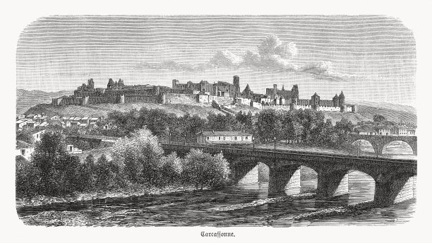 法国卡尔卡松的历史观，木刻，1893年出版图片下载