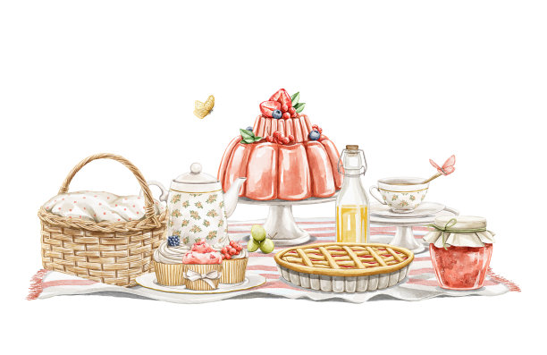 水彩卡通构图与老式野餐甜食格图片下载