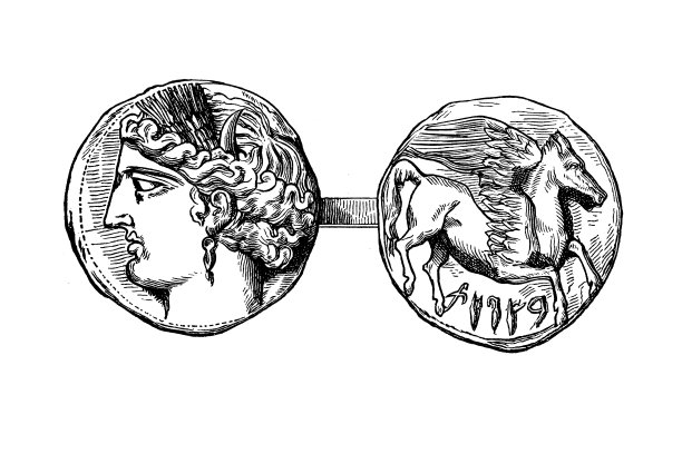 银5谢克尔迦太基硬币复制品与天空女神Tanit和翼马Pegasus在第一次布尼克战争的反面264-260图片下载