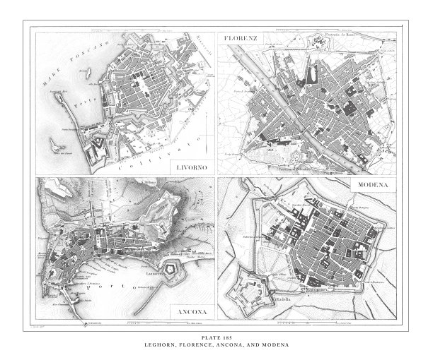 里窝那，佛罗伦萨，安科纳和摩德纳版画古董插图，出版于1851年图片下载