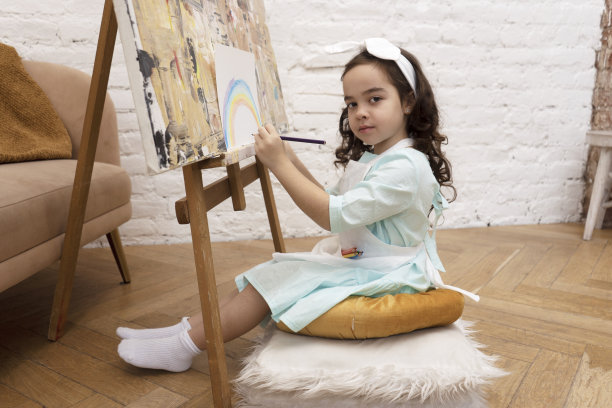 小女孩艺术家用彩色铅笔画彩虹。幼儿园的绘画课。图片下载