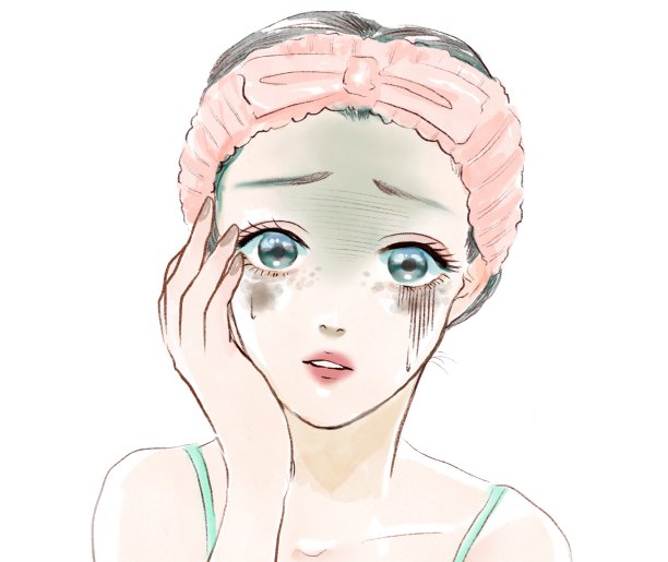 彩色卡通插图，一个美丽的少女上半身绝望地哭泣的红色，感染的丘疹和黑眼圈在她的眼睛，与白色的背景。图片下载