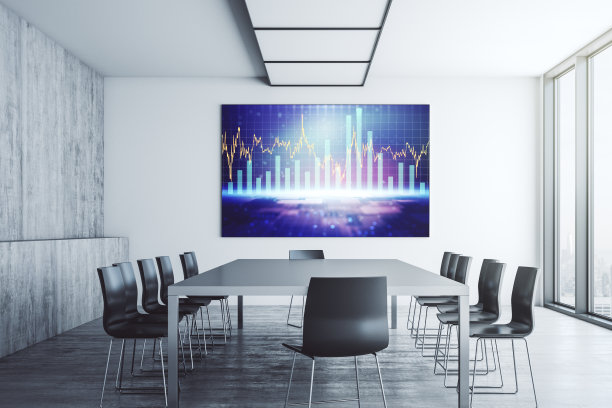 现代会议室展示屏幕上的抽象创意财务图表，外汇和投资概念。三维渲染图片下载