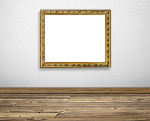 白色墙壁和木地板上的金色相框图片下载