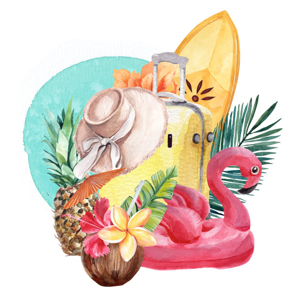 明亮多汁的主题设定在度假和旅行水彩画。孤立的对象。在热带度假胜地度暑假。设计纪念品、明信片、海报、请柬等。图片下载
