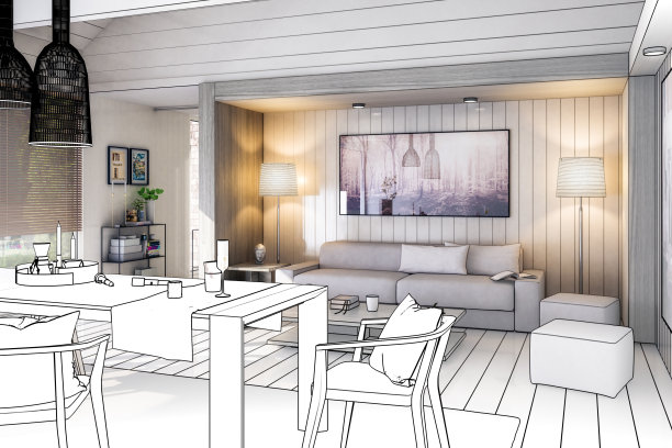 在白木设计的阁楼内的现代家具(规划)- 3D可视化图片下载