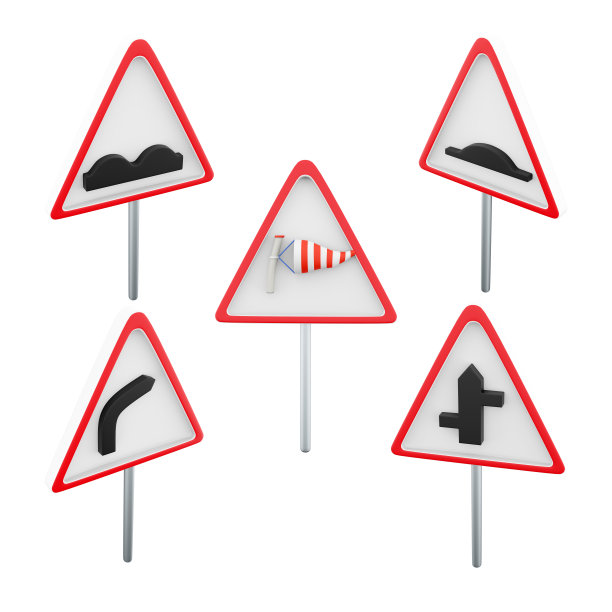 3d渲染侧风，危险右转，十字路口与二级道路，人工不平整，粗糙的道路标志图标集。3d渲染路标概念图标集图片下载