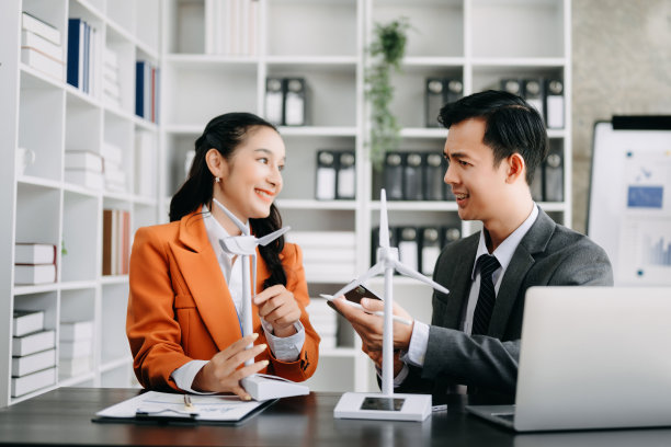 替代能源工程师指着太阳能电池板，与业务同事团队在办公室讨论未来的能源图片下载