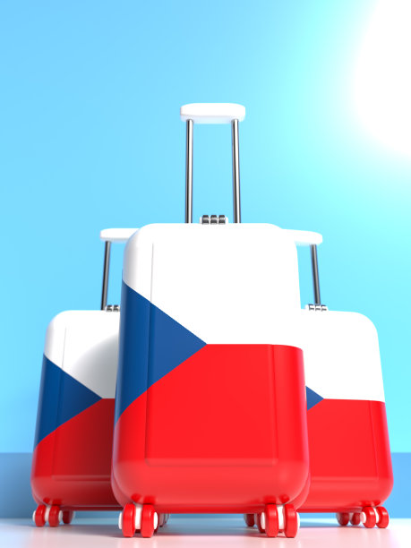 捷克国旗颜色的旅行箱，白色背景，空白文字。以商务旅行为主题的三维插图。图片下载